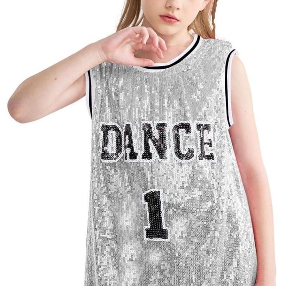 Girls Silver Sequin Dance Dress Basketball Jersey Dance Costume Y2K McBling NWT